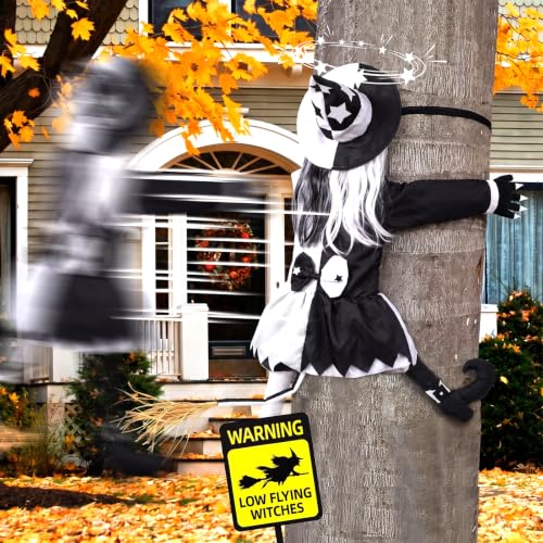 Bswalf Halloween Decorations Outdoor Crashing Witch: Flying Crashed Witches Hanging into Tree - Halloween Decor for Yard Garden Porch (White Black)