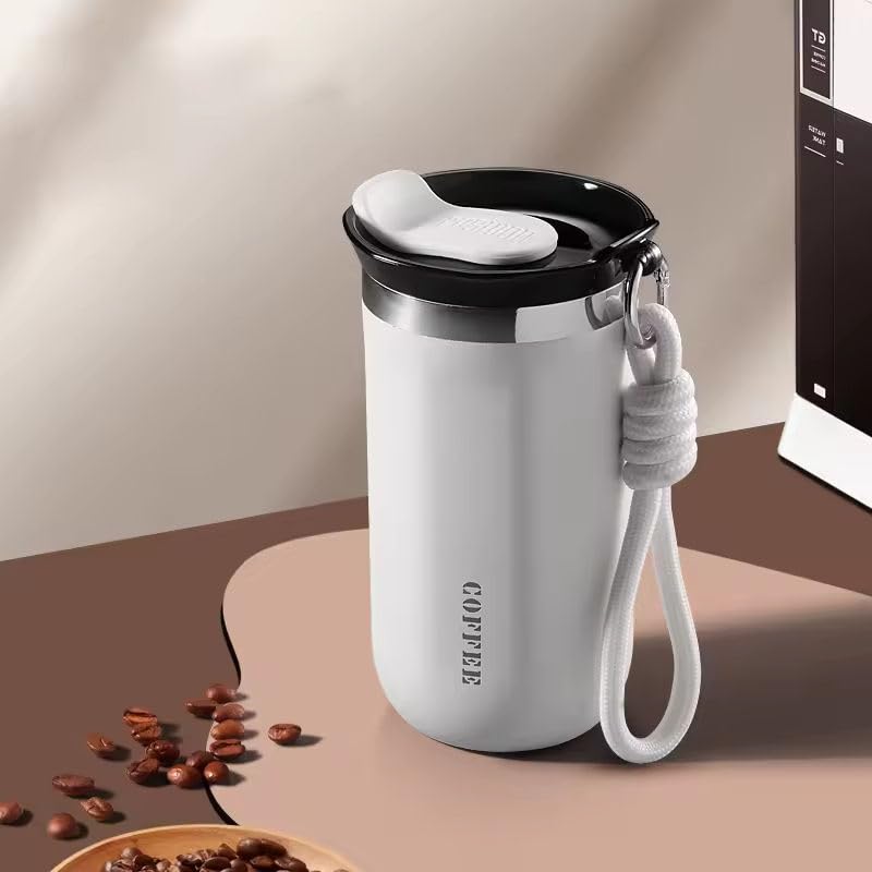 Image of Stainless Steel Travel Coffee Mug 400ml Vacuum Insulated Thermal Cup with Lid and Carry Strap Leak Proof Double Wall Tumbler for Hot and Cold Drinks Office Desk Car Home Outdoor Use