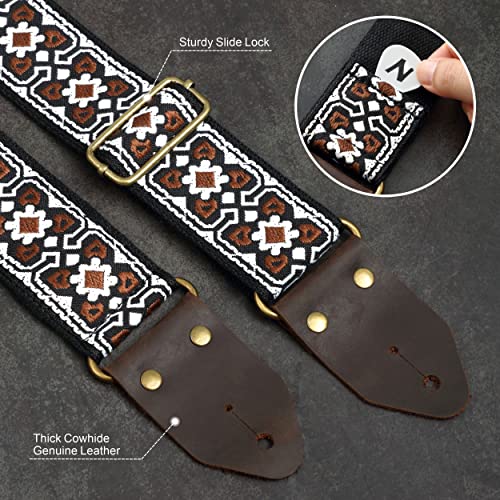 Image of Nefelibata Guitar Strap,Jacquard Embroidery Cotton Guitar Straps with Crazy Horse Leather Ends for Bass, Electric & Acoustic, Best Gifts for Kids, Guitarists(Vintage White Embroidery)