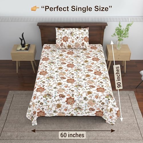 Image of Mafatlal Saanjh 144 TC Single Cotton Bedding 90x60 Inch | Bed Sheet Single Size | Floral Pattern Textile | Ethnic Look | Comfortable Summer Ready Material | Pillowcase Included | Brownish