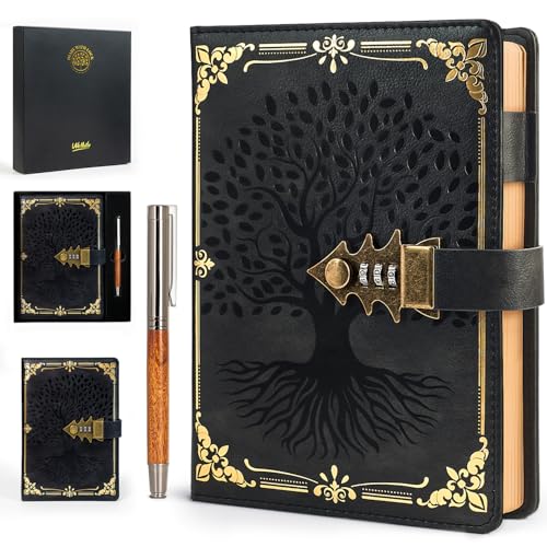 WEMATE Tagebuch mit Schloss und Geschenkbox, A5, 260 Seiten, nachfüllbar, Hardcover Passwort Notizbuch, Vintage Lock Journal, Mädchen, Männer, Studenten, 21,8 x 14,7 cm (Schwarz)