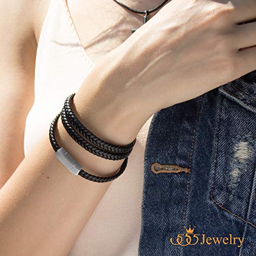 555Jewelry Stainless Steel Braided Double Wrap Leather Twist Rope Chain Cord Adjustable Magnetic Clasp Simple Men Women Unisex Fashion Jewelry Accessory Bangle Bracelet, Black & Silver 7.5 Inch - Image 4