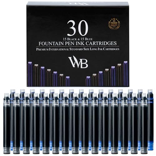 Image of Wordsworth & Black Fountain Pen Ink Cartridge Refills, 30 Pack, Black /Blue | Fits Most Pens, International Standard Size, Smooth Flow, Quick-Drying, Journaling Calligraphy, Generic Disposable, Vegan