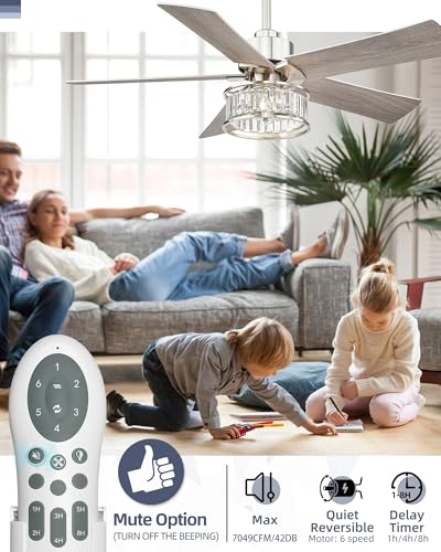 Image of YOUKAIN 48-Inch Crystal Ceiling Fan with Lights & Remote, Gray Oak