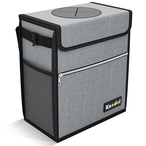 K KNODEL Car Trash Can with Lid, Leak-Proof Car Garbage Can with Storage Pockets, Waterproof Auto Garbage Bag Hanging for Headrest (Large, Gray)