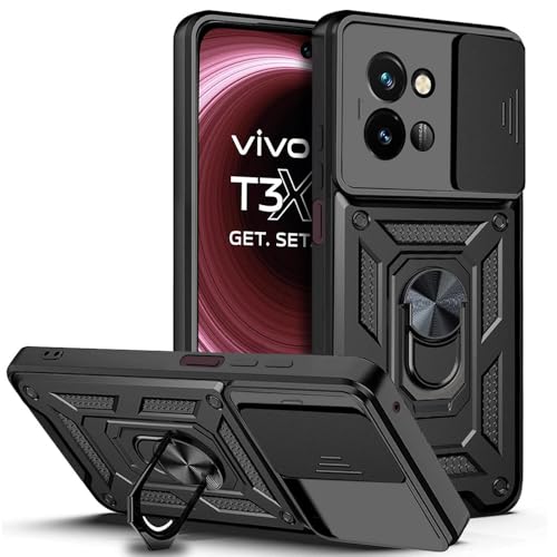Image of AESTMO Tough Armor Vivo T3X 5G Bumper Back Case Cover | Ring Holder & Sliding Camera Shield Cover | 360 Degree Protection Back Case Cover for Vivo T3X 5G (Black)