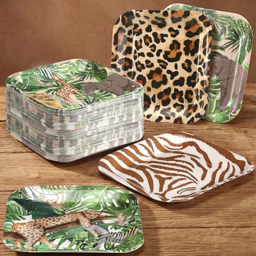 LemonRoad 80 Pcs Jungle Safari Party Paper Plates 9 Zoo Square Disposable Plates Wild Animals Dinnerware Supplies for Wild Animal Zoo Tropical Safari Baby Shower Birthday Party Supplies 4 Designs