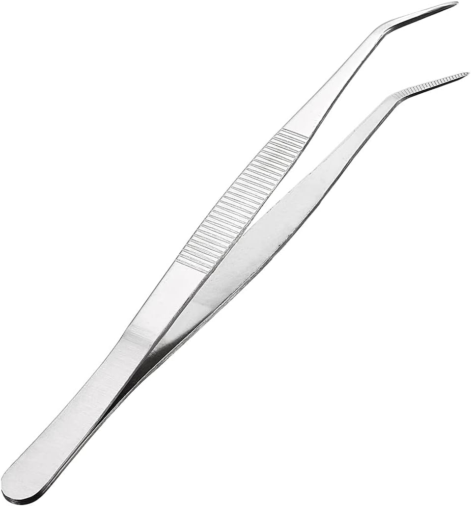 MMOBIEL Stainless Steel Tweezers 20cm / 8inch with curved 60 Degree Serrated Tip Professional Multi Purpose Tongs Tool for Industrial work, Laboratory Use, Gardening, Cooking