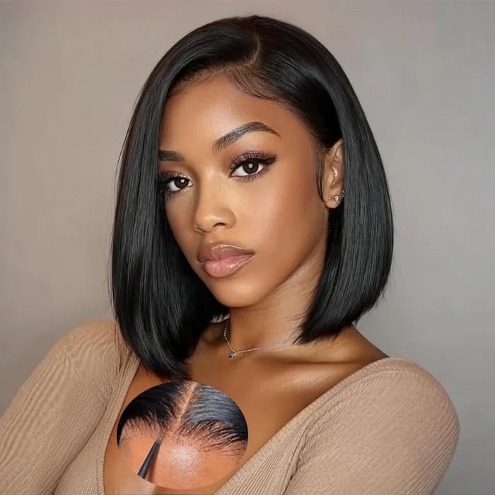 Junemet 12 Inch Wear and Go Glueless Bob Wig Human Hair HD Lace Front Wigs Human Hair Wig Bone Straight Human Hair Wigs Glueless Real Brazilian Virgin Human Hair wigs for Women