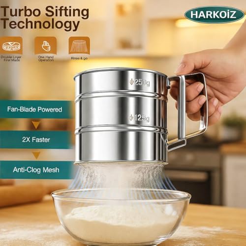 Image of Stainless Steel Flour Sifter for Baking Hand Press Atta Channi Flour Sieve with Fine Mesh Screen Rust-Proof Large Capacity Baking Sifter for Atta, Maida, Sugar, Cocoa Powder Kitchen Baking Tools