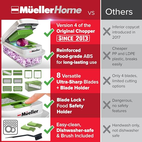 Image of MUELLER HOME Pro-Series 10-in-1 Vegetable Chopper, 8 Blade Onion Mincer | Cutter, Dicer, Fruit Slicer with Container, French Fry Cutter Potato Slicer, Home Essentials, Salad Chopper White Sand /Green