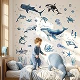 DECOWALL Ocean Animals Wall Decals – Watercolor Whale, Shark & Dolphin Sea Life Wall Stickers for Kids Bedroom, Nursery & Playroom, Peel and Stick Removable Educational Wall Art (SG2-2518)