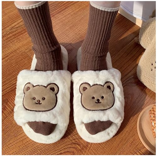 ZQW Women's Cute Bear Fuzzy Slippers Non-Slip Lightweight Indoor House Slides Slip On Comfy Cozy Animal Shoes Fall Winter2