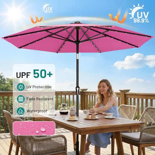Image of AreShark 9FT Patio Umbrella with Solar Lights, 32 Lighted Pool Umbrella w /Tilt and Crank, Outdoor Market Solar Umbrellas for Garden, Deck, Backyard, Pool and Beach, Rose Pink