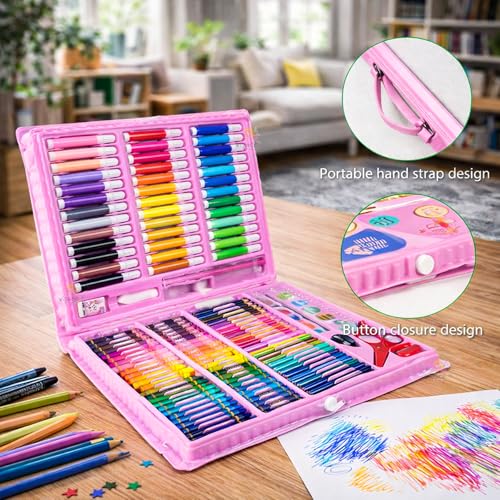 Image of WISHKEY 150 Pieces Art Set for Kids with Case, Art and Craft Supplies Kit for Drawing and Painting, Color Set with Markers, Water Colors, Brush, Color Pencils, Crayons (Pack of 1, Pink)