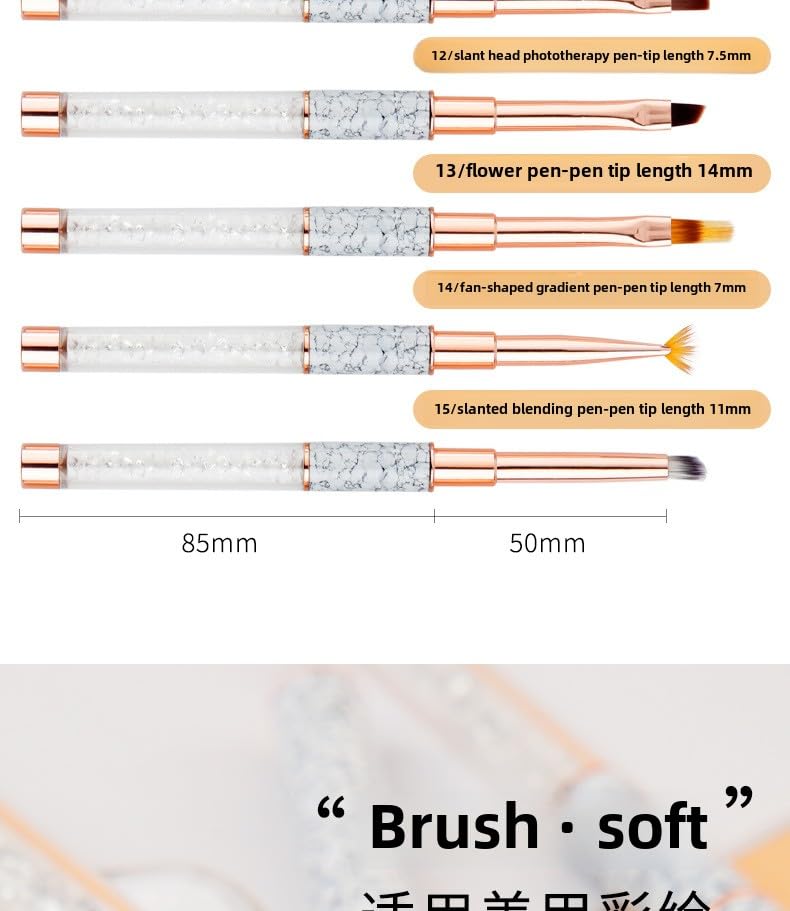 15pc Professional Nail Art Brush Set with Diamond Rhinestone Handles - Gel Polish, Liner, Detailing Brushes for Salon & DIY Nail Design