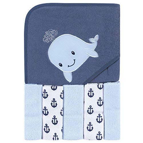 Image of Hudson Baby Unisex Baby Hooded Towel and Five Washcloths, Sailor Whale, One Size