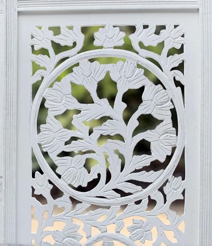 Image of Wooden Room Divider Decorative Foldable Privacy Screen Hand Carved Partition for Living Room Bedroom Office Decor (6 Feet 4 Panel White Each Panel Size 72X20 Inch)