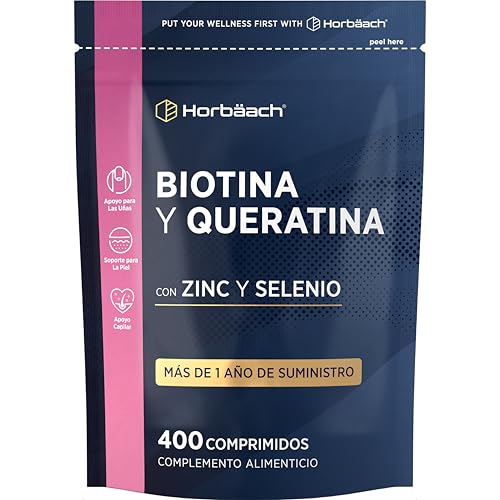 Biotina para el Cabello con Keratina Zinc y Selenio | + de 1 Año de Suministro - 400 Comprimidos | Complejo de Vitamina B7 | Horbaach