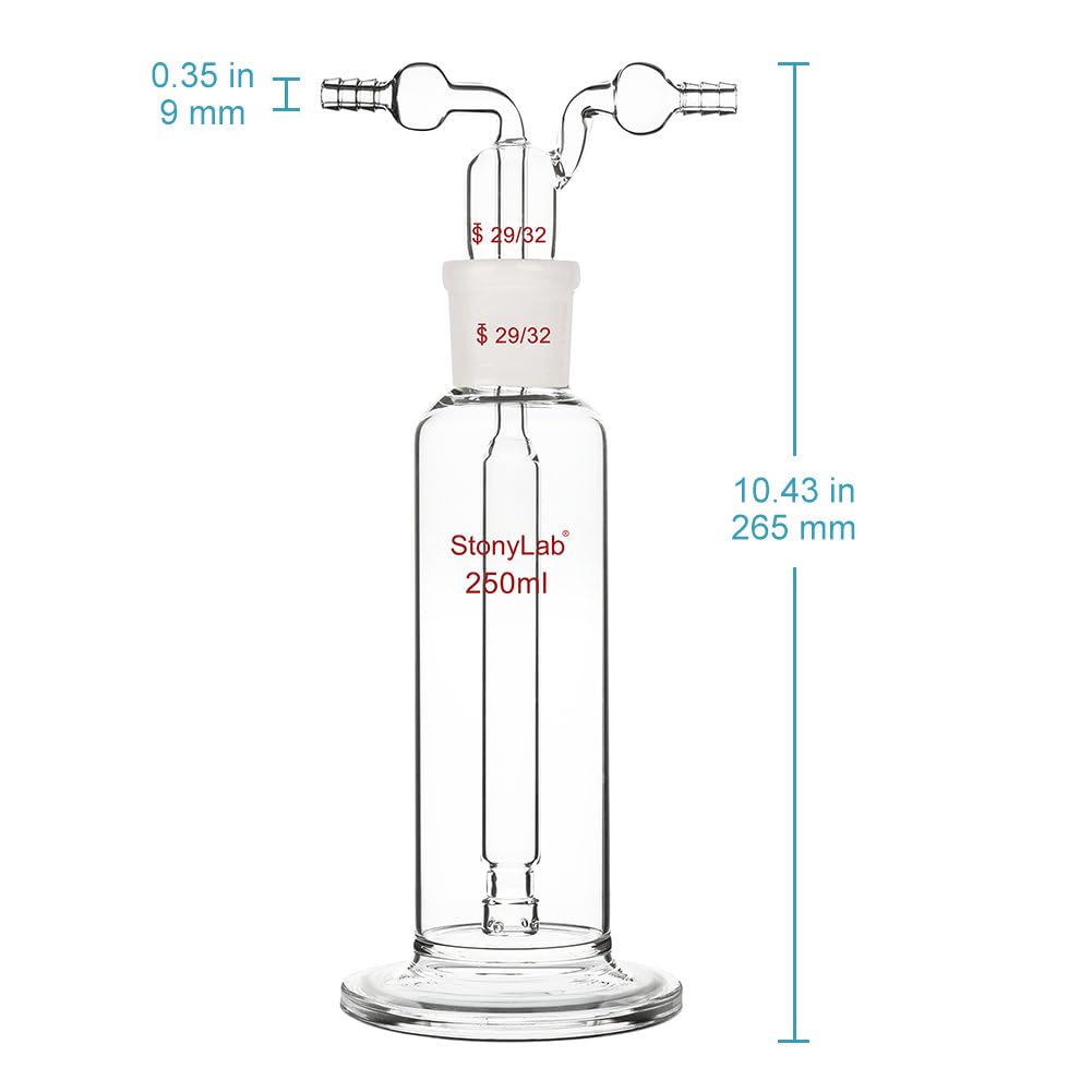 stonylab Fiaschetta Drechsel per Lavaggio dei Gas, Fiaschetta in Vetro Borosilicato per Lavaggio dei Gas con Giunto Standard 29/32 e Tubo Seghettato da 8 mm, Capacità di 250 ml
