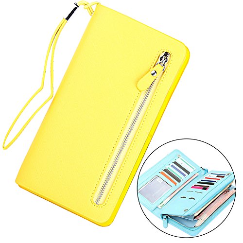 Cartera Cremallera Monederos Hombre Billetera Cremallera Bloqueo Hombre de Cuero para Tarjeta de Crédito Mujer Carteras de Cuero Genuino Gran Capacidad -Amarillo