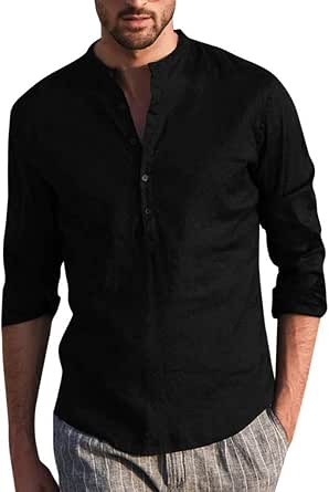 Camicia Estiva Uomo In Cotone | Manica Lunga Con Collare A Cordino | Vestibilit&agrave; Loose | Lino