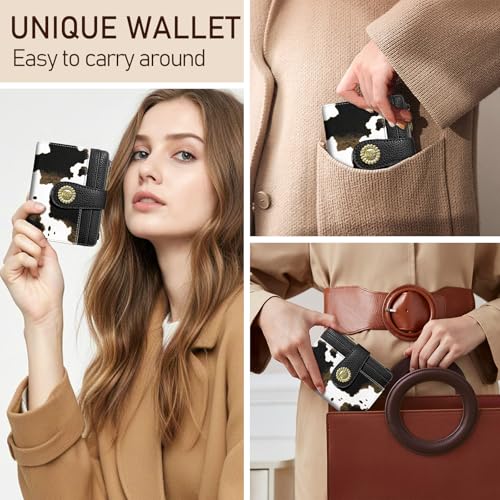 Image of Kelvoris Cow Print Black Small Rfid Women Wallet Bifold Zipper Coin Pocket | PU Leather Compact Cash Credit Card Holder Travel Purse for Female Ladies Teen Girls 1 ID Window 10 Card Slots