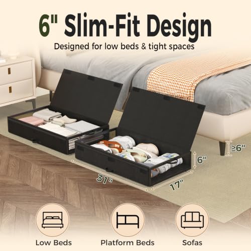 Image of Fokyfok 2 Pack Under Bed Storage with Wheels 6 inch Height | Metal Frame,Lid,Rolling Slim Under Bed Drawers for Shoes,Clothes,Shallow Underbed Storage,Under Couch Storage,Black