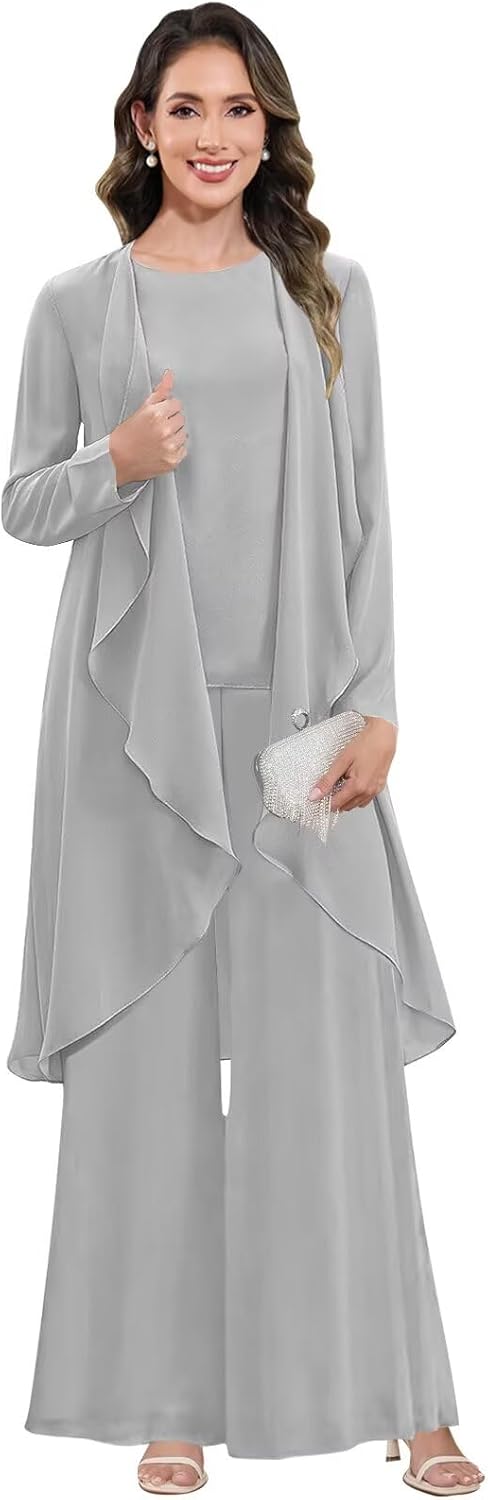 3 Piece Mother of The Bride Pant Suits for Wedding Chiffon Long Sleeve Dressy Formal Outfit Set with Jacket