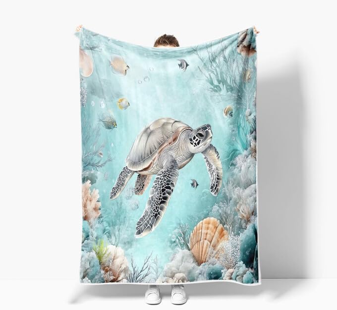 Summer Ocean Blankets, Sea Turtle Fleece Blanket, Soft, Flannel, Warm, Ocean Throw Blanket for Kids Coastal Flannel Throw Blanket, Blue Sea Bed Blankets for Bed Sofa Couch Bedroom 50X60 Inch
