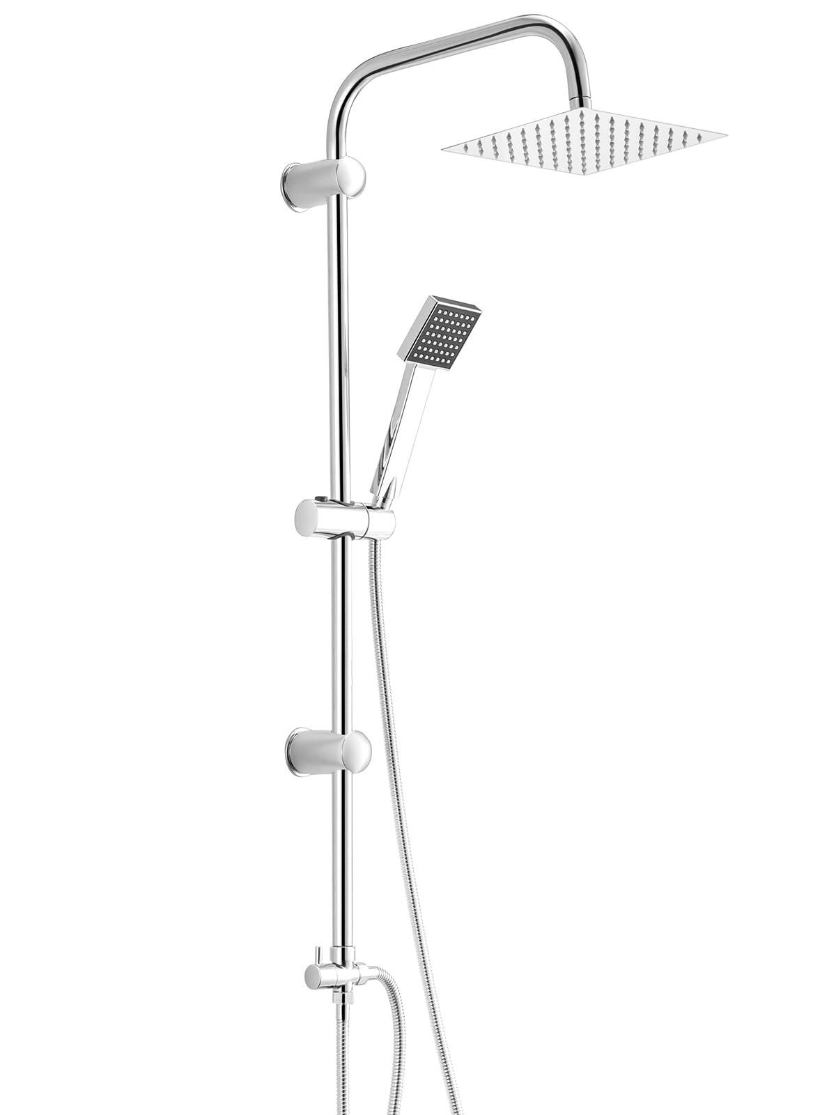 Youyijia Shower Riser Kit Twin Head Shower Set Bathroom Square Mixer with Handheld Shower and 8" Square Overhead Adjustable Rainfall Taps and Hose Chrome Plated Kit