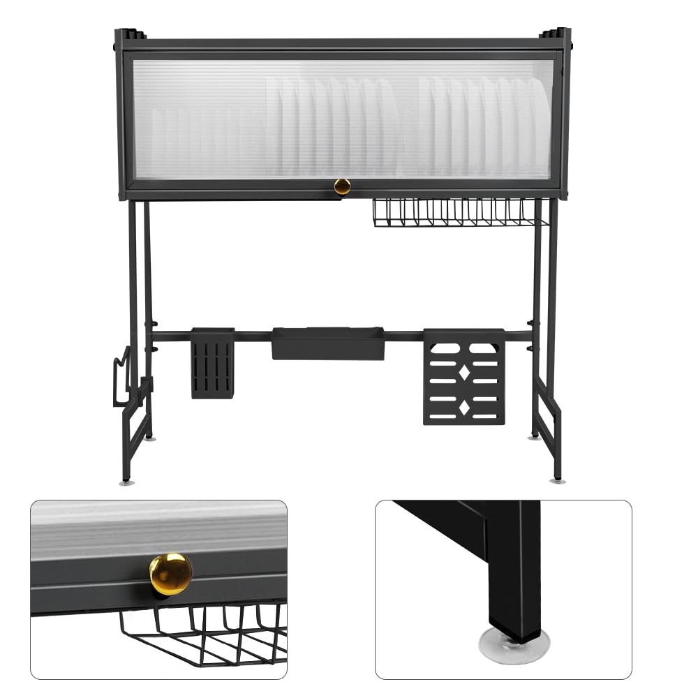 Escurridor sobre fregadero de 3 niveles con 6 ganchos para secadora de platos y escurridores de platos en fregadero organizador de cocina para escurrir platos, frutas y verduras (65 x 28 x 77