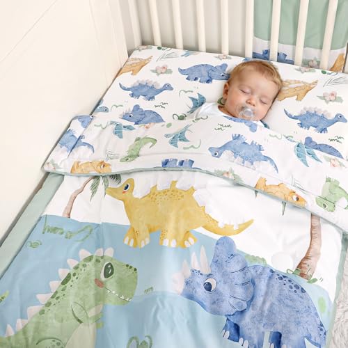 Image of TANOFAR 4-Piece Crib Bedding Set for Baby Boys, Blue Dinosaur Nursery Bedding Set Includes Comforter, Fitted Crib Sheet, Crib Skirt, and Diaper Stacker, Dinosaur