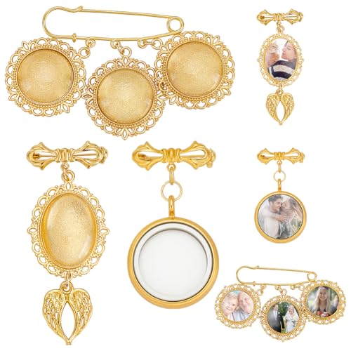 WADORN 3 Sets Wedding Bouquet Photo Charm, DIY Pin Brooch Making Kit Memory Locket Pendant Bridal Charm Oval Round Glass Cabochons Picture Frame with Pendant for DIY Brooch Jewelry Making Memory Gift