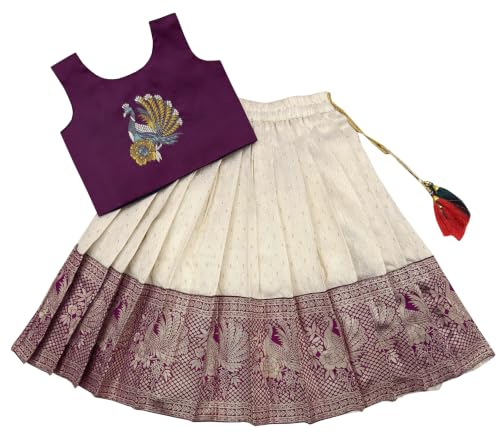 Image of Girls South Indian Pattu Pavadai | Traditional Jacquard Silk Lehenga Choli Set