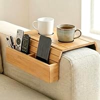 Ecofocet Sofatablett Armlehne, Bambus Sofa Tablett mit Getränkehalter und Fächern, Armlehnen Tablett Flexibel und Faltbar, Anti-Rutsch, für Tassen, Snacks, Telefon, Fernbedienung, 43×32 cm (Natur)