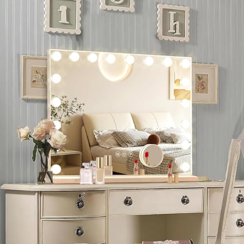 Ratsamee Hollywood Vanity Mirror with Lights, 18 Dimmable Bulbs, 3 Color Lights,Make Up Lighted Mirror, Aluminum Metal Frame, USB Charging Port（32' x 24'）