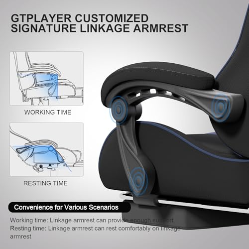 Image of GTPLAYER Gaming Chair, Computer Chair with Footrest and Lumbar Support, Height Adjustable Game Chair with 360-Swivel Seat and Headrest and for Office or Gaming (Blue, Fabric)