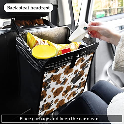 Image of Brown Cow Print Car Trash Can Black White Animal Skin Foldable Hanging Car Trash Bag Bin Auto Garbage Can Leak-Proof Car Organizer(Large)