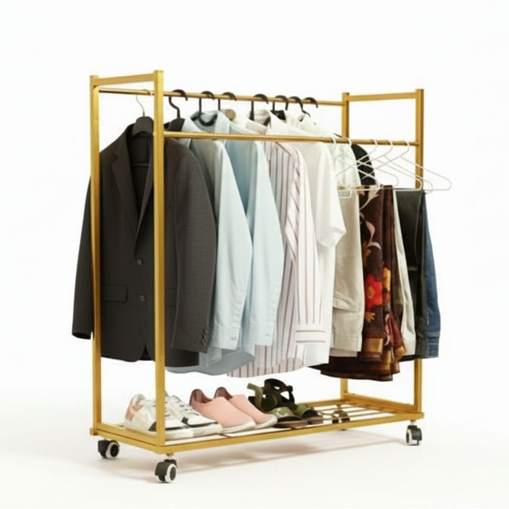 RIZIK STORE® Heavy-Duty Metal Garment Rack with Wheels & Bottom Shelf | Clothes Organizer, Storage Shelf | Anti-Rust Iron Clothing Stand for Bedroom, Entryway & Living Room (Gold)