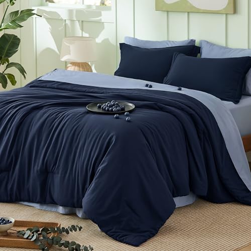 Image of Bedsure Full Size Comforter Set - 7 Pieces Navy Full Bedding Set for All Seasons, Boho Contrasting Design Bed in a Bag with Comforter, Sheets, Pillowcases & Shams