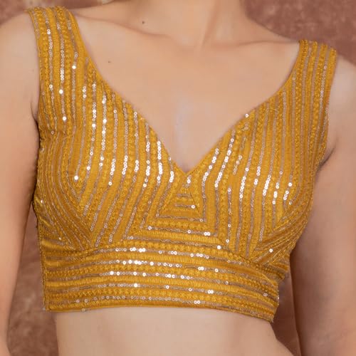 Image of FIGURE'S DESIGNER Women's Sequin Embroidered SabyaSachi Cut Sweetheart V Neck Sleeveless Readymade Saree Blouse E30