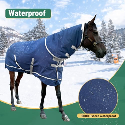 Image of 1200D Horse Turnout Blanket with Detachable Neck Cover, Medium Weight Water-Resistant Blanket,Winter Horse Blanket for Real Horses(72in /135cm)