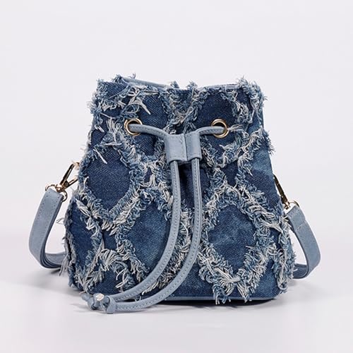 Distressed Denim Purse for Women Drawstring Bucket Crossbody Bag Casual Hobo Jean Purses (Blue-A)3