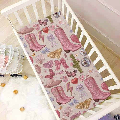 Image of Western Cowgirl Boots Vintage Crib Sheets Soft Breathable Fitted Baby Crib Sheets Mattress Cover for Girls Boys, 52 inch x 28 inch x 9 inch