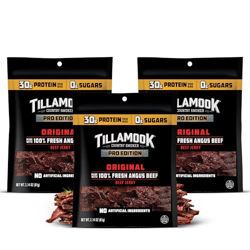 Tillamook Beef Jerky, Country Smoker PRO Edition, Zero Sugar Original, 2.14 Oz (3 Pack) Real Hardwood Smoked Fresh Angus Beef, Low Carb, High Protein Ready to Eat Keto Snack for Athletes, Gluten Free