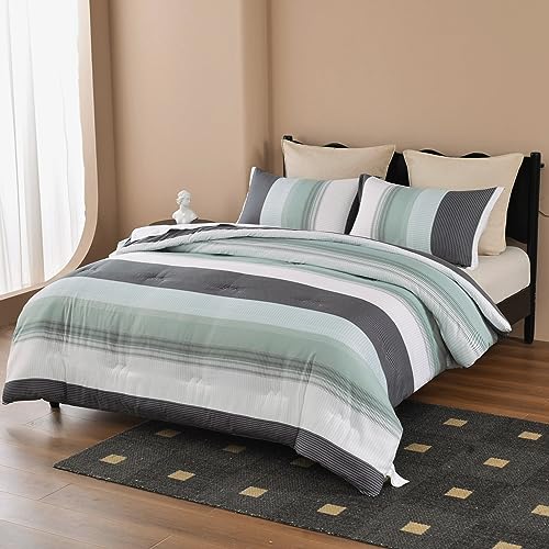 Sleepbella CSQLQ Comforter Queen Size, Mint Green & Grey & White Striped Patchwork Polyester Comforter Set thumb #2