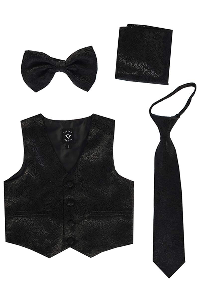Little Gents 738 Satin Vest w/Zipper Tie Bowtie & Hanky (Black Paisley, 12-18 Months)