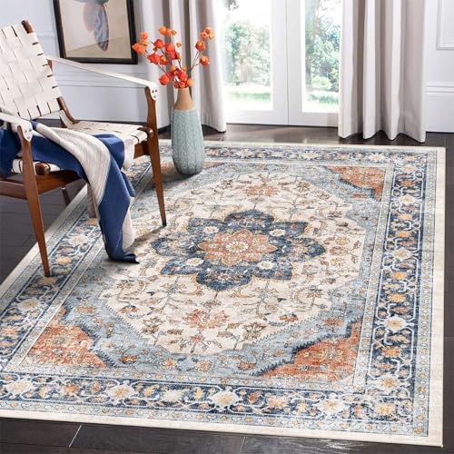 vivorug 3x5 Rug, Boho Small Area Rug for Living Room, Bedroom, Kitchen, Machine Washable Non-Slip Throw Rug, Vintage Floral Carpet for Entryway Nursery Coffee Table - Durable (Orange/Navy)