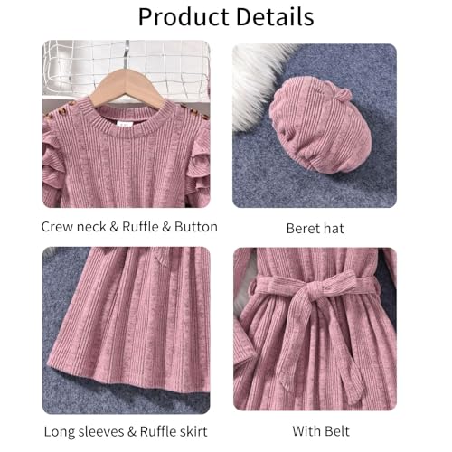 fioukiay Girls Fall Dress Ruffle Long Sleeve Crew Neck A-line Casual Swing Knit Dresses with Belt4